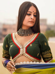 Green Jamdani Cotton Saree Blouse – V-Neck – Woven Motifs