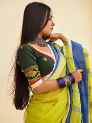 Green Jamdani Cotton Saree Blouse – V-Neck – Woven Motifs