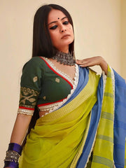 Green Jamdani Cotton Saree Blouse – V-Neck – Woven Motifs