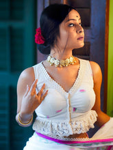 White Woven Cotton Saree Blouse – V-Neck – Thread Work