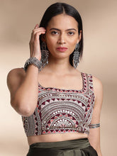 Burgundy Tissue Polyester Blouse – Square Neck – Mirror Work