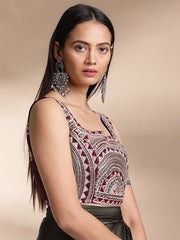 Burgundy Tissue Polyester Blouse – Square Neck – Mirror Work