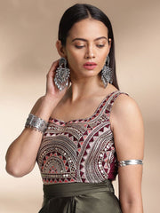 Burgundy Tissue Polyester Blouse – Square Neck – Mirror Work