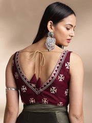 Burgundy Tissue Polyester Blouse – Square Neck – Mirror Work