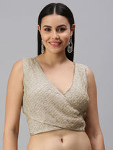 Green-Grey Embroidered Organza Saree Blouse – V-Neck – Thread Work