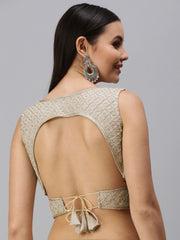 Green-Grey Embroidered Organza Saree Blouse – V-Neck – Thread Work