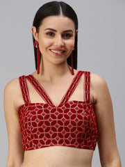 Red Velvet Padded Blouse – V-Neck Cut-Out – Thread Embroidered