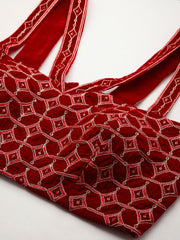 Red Velvet Padded Blouse – V-Neck Cut-Out – Thread Embroidered