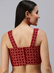 Red Velvet Padded Blouse – V-Neck Cut-Out – Thread Embroidered