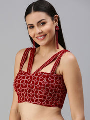 Red Velvet Padded Blouse – V-Neck Cut-Out – Thread Embroidered