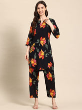 Black & Multicolour Floral Printed Viscose Rayon Co-Ord Set – Round Neck – Printed