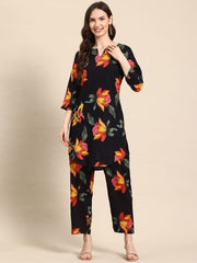 Black & Multicolour Floral Printed Viscose Rayon Co-Ord Set – Round Neck – Printed