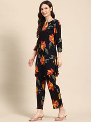 Black & Multicolour Floral Printed Viscose Rayon Co-Ord Set – Round Neck – Printed