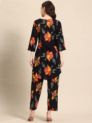 Black & Multicolour Floral Printed Viscose Rayon Co-Ord Set – Round Neck – Printed