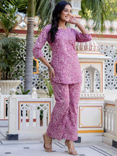 Purple & White Floral Printed Pure Cotton Tunic with Trousers – Notch Neck – Printed