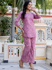 Purple & White Floral Printed Pure Cotton Tunic with Trousers – Notch Neck – Printed