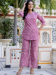 Purple & White Floral Printed Pure Cotton Tunic with Trousers – Notch Neck – Printed