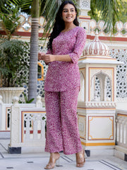 Purple & White Floral Printed Pure Cotton Tunic with Trousers – Notch Neck – Printed