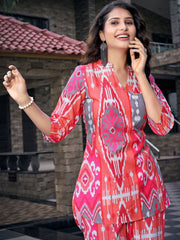 Pink Printed Cotton Blend Co-ord Set – V-Neck – Three-Quarter Sleeves