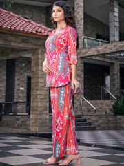 Pink Printed Cotton Blend Co-ord Set – V-Neck – Three-Quarter Sleeves