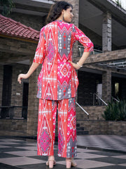 Pink Printed Cotton Blend Co-ord Set – V-Neck – Three-Quarter Sleeves