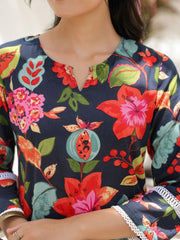 Navy Blue, Green & Pink Printed Pure Cotton Co-Ord Set – Notch Neck – Slip-On Closure