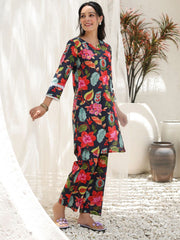 Navy Blue, Green & Pink Printed Pure Cotton Co-Ord Set – Notch Neck – Slip-On Closure