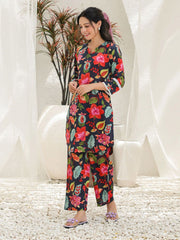 Navy Blue, Green & Pink Printed Pure Cotton Co-Ord Set – Notch Neck – Slip-On Closure
