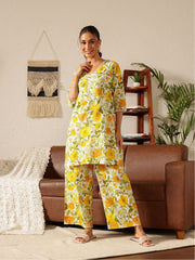 Yellow Printed Pure Cotton Co-ord Set – V-Neck – Floral Print