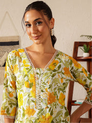 Yellow Printed Pure Cotton Co-ord Set – V-Neck – Floral Print