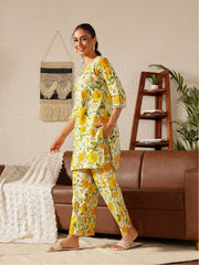 Yellow Printed Pure Cotton Co-ord Set – V-Neck – Floral Print
