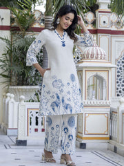 Blue & White Floral Printed Pure Cotton Co-Ord Set – V-Neck – Embroidered