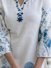 Blue & White Floral Printed Pure Cotton Co-Ord Set – V-Neck – Embroidered