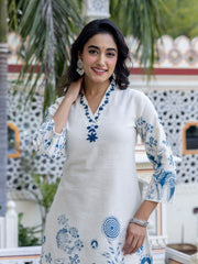 Blue & White Floral Printed Pure Cotton Co-Ord Set – V-Neck – Embroidered