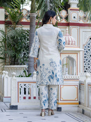 Blue & White Floral Printed Pure Cotton Co-Ord Set – V-Neck – Embroidered