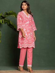 Pink Embroidered Cotton Co-Ord Set – V-Neck – Thread Embroidery