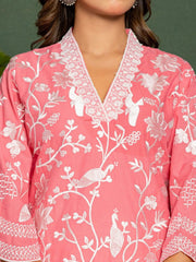 Pink Embroidered Cotton Co-Ord Set – V-Neck – Thread Embroidery