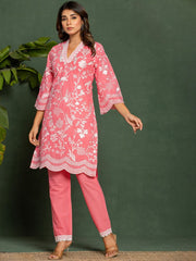 Pink Embroidered Cotton Co-Ord Set – V-Neck – Thread Embroidery