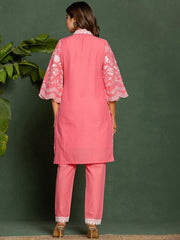 Pink Embroidered Cotton Co-Ord Set – V-Neck – Thread Embroidery