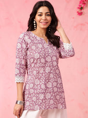 Purple & White Straight Pure Cotton Short Kurti – Round Neck – Ethnic Motifs Print