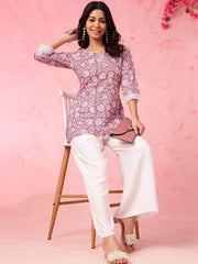 Purple & White Straight Pure Cotton Short Kurti – Round Neck – Ethnic Motifs Print