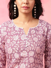 Purple & White Straight Pure Cotton Short Kurti – Round Neck – Ethnic Motifs Print