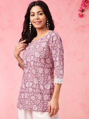 Purple & White Straight Pure Cotton Short Kurti – Round Neck – Ethnic Motifs Print