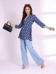 Navy Blue Ethnic Motifs Printed Cotton A-Line Kurti – Notch Neck – Straight Hem