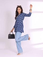 Navy Blue Ethnic Motifs Printed Cotton A-Line Kurti – Notch Neck – Straight Hem