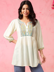 Off White A-Line Pure Cotton Short Kurti – Round Neck – Floral Thread Embroidery