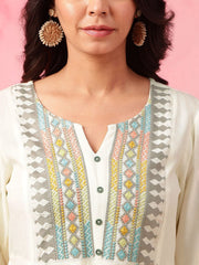 Off White A-Line Pure Cotton Short Kurti – Round Neck – Floral Thread Embroidery