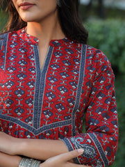 Maroon & Blue A-Line Pure Cotton Kurti – Mandarin Collar – Ethnic Motifs Print