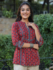 Maroon & Blue A-Line Pure Cotton Kurti – Mandarin Collar – Ethnic Motifs Print