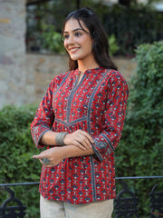 Maroon & Blue A-Line Pure Cotton Kurti – Mandarin Collar – Ethnic Motifs Print